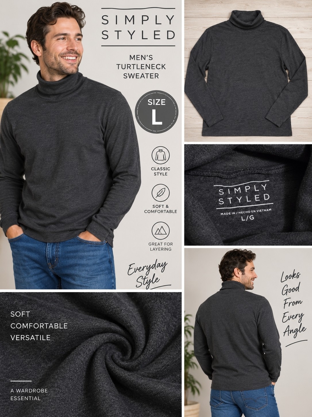Simply styled mens large grey turtleneck sweater #33